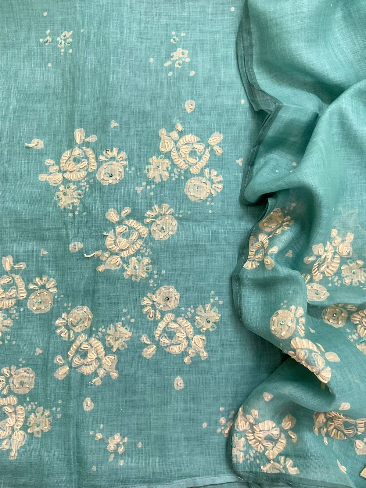 Soft Linen Jute Cotton Printed Embroidered Suit - Blue