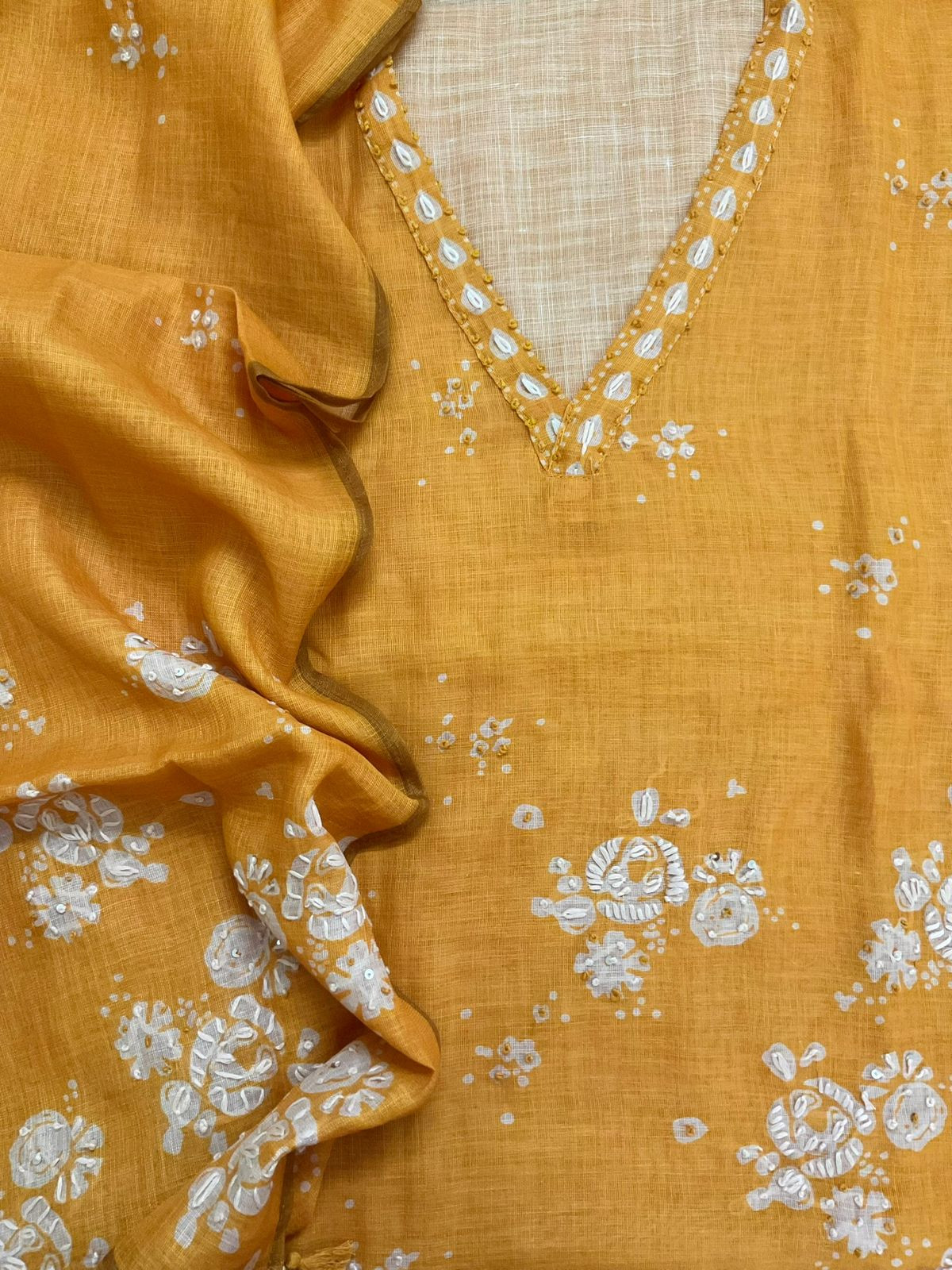 Soft Linen Jute Cotton Printed Embroidered Suit - Mango Yellow