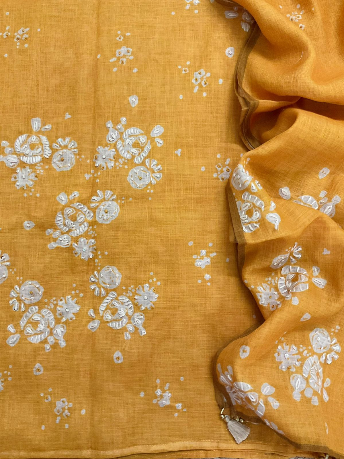Soft Linen Jute Cotton Printed Embroidered Suit - Mango Yellow