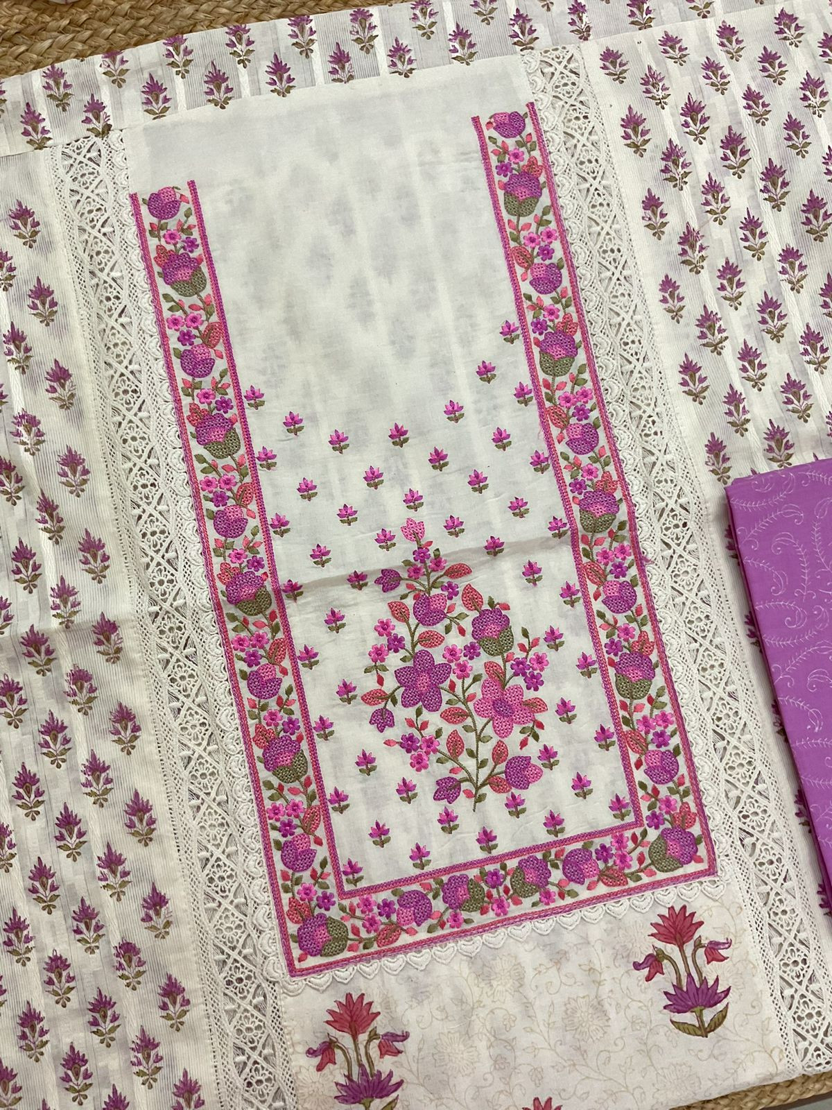 Pure Cotton Printed Embroidered Self Weaved Suit - Off White