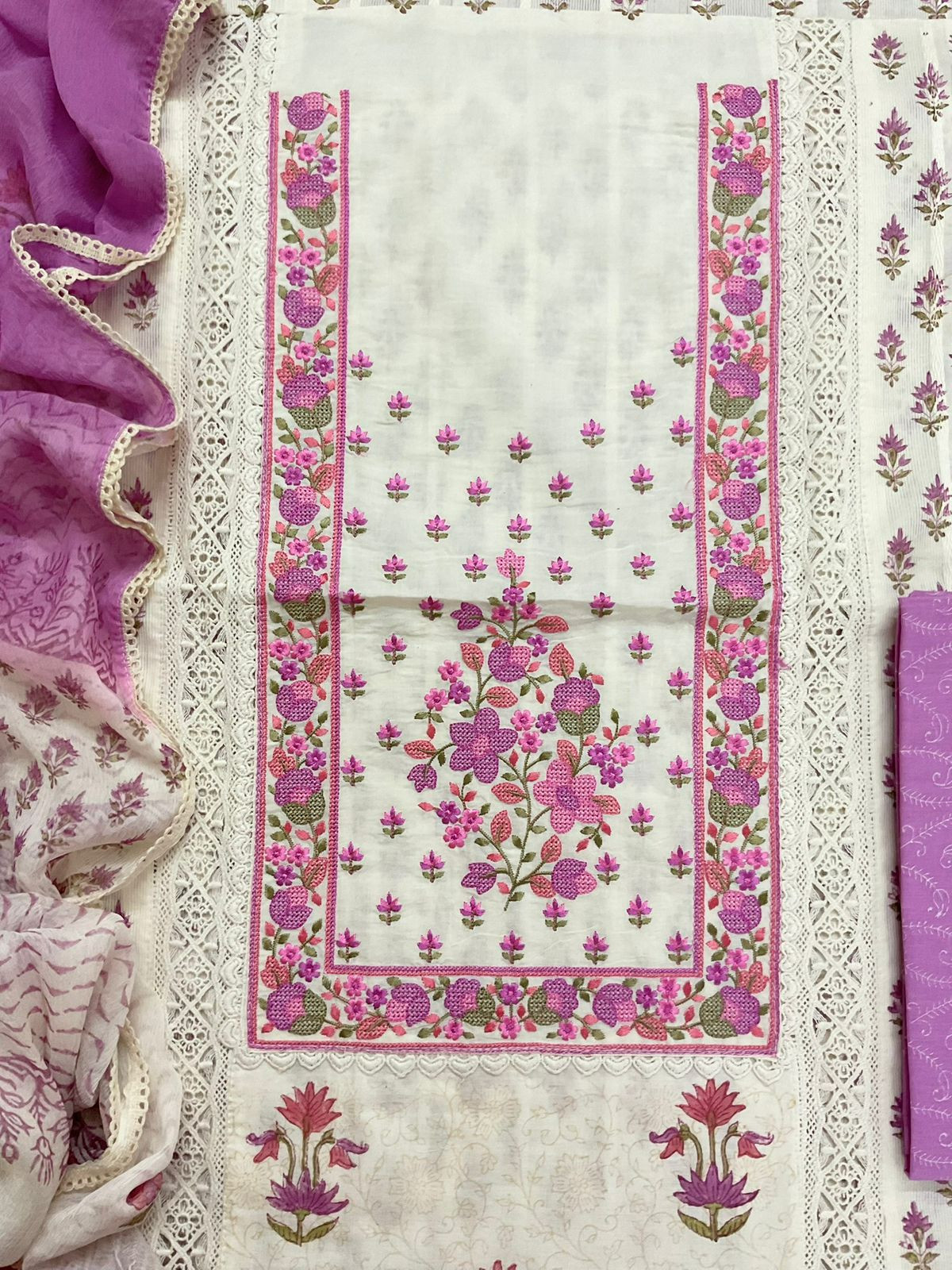 Pure Cotton Printed Embroidered Self Weaved Suit - Off White