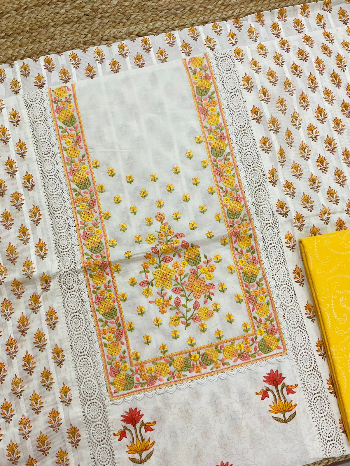 Pure Cotton Printed Embroidered Self Weaved Suit - Off White