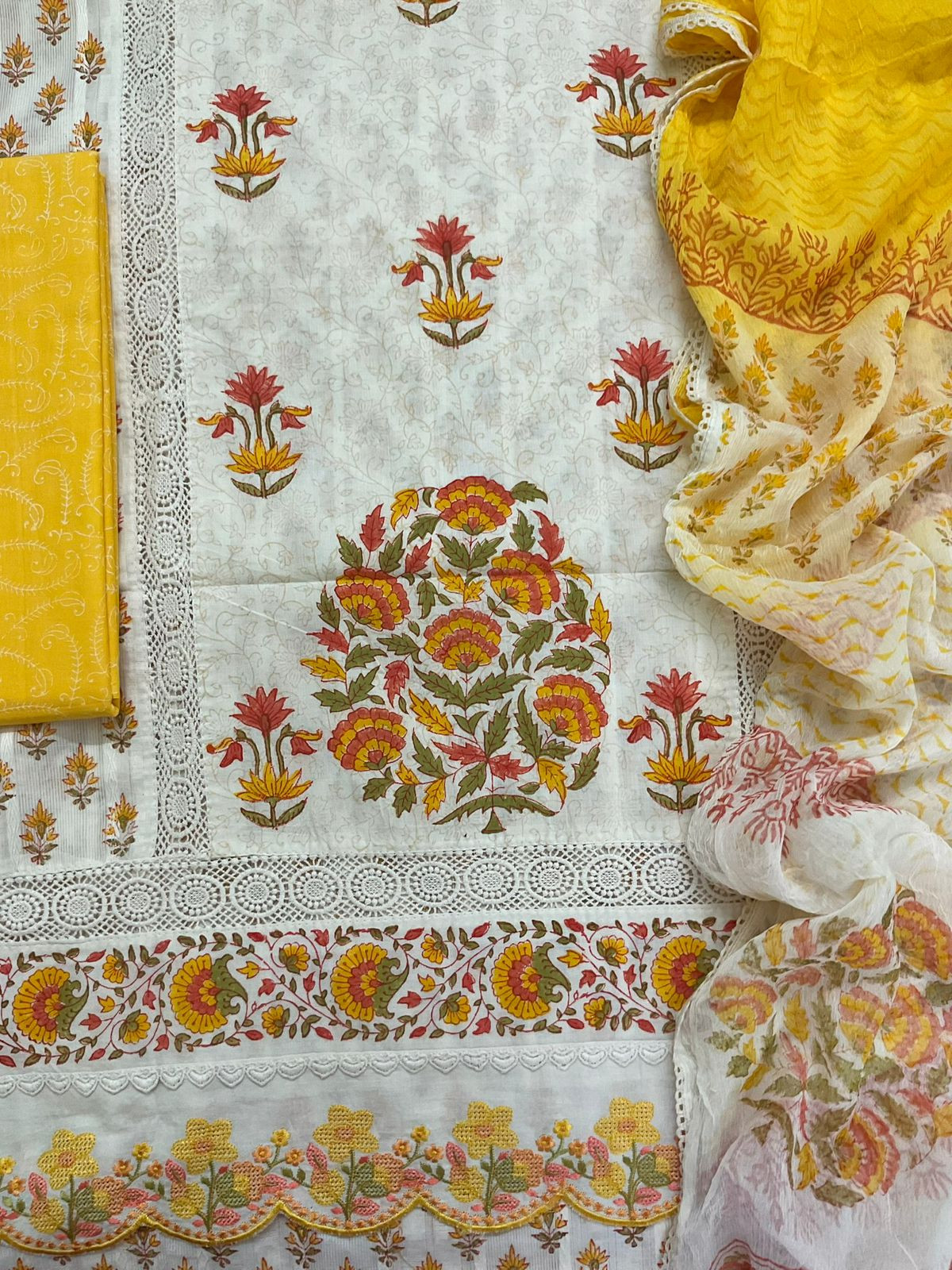 Pure Cotton Printed Embroidered Self Weaved Suit - Off White