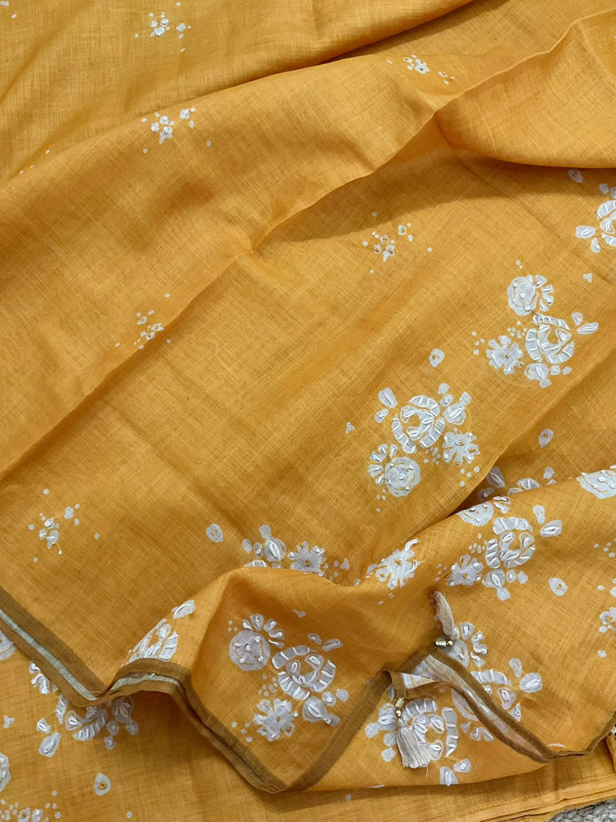 Soft Linen Jute Cotton Printed Embroidered Suit - Mango Yellow