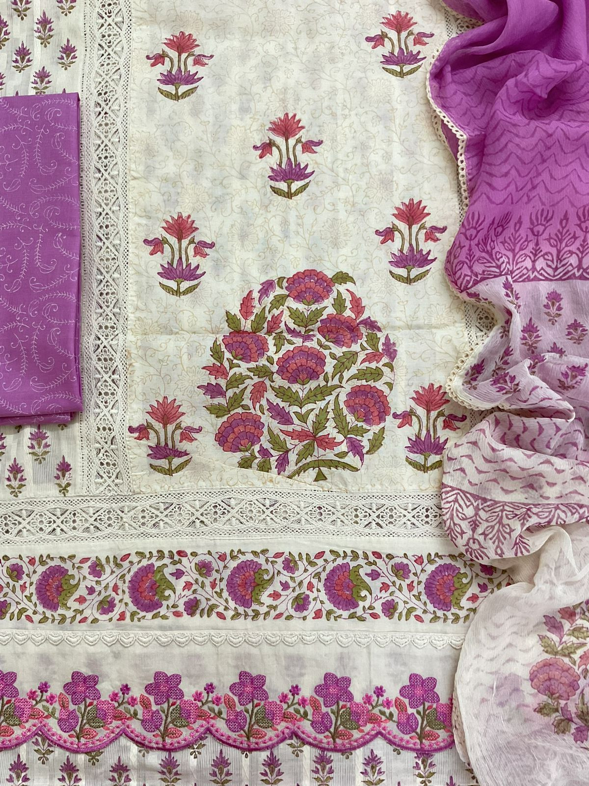 Pure Cotton Printed Embroidered Self Weaved Suit - Off White