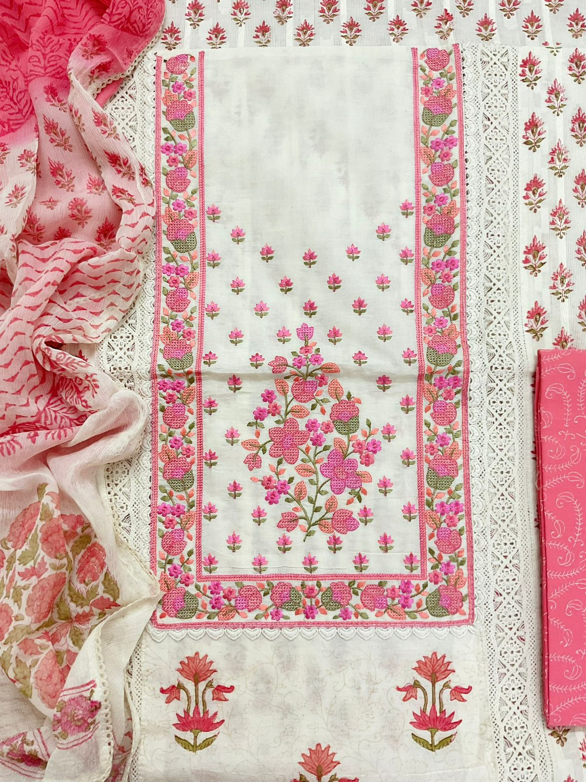 Pure Cotton Printed Embroidered Self Weaved Suit - Off White