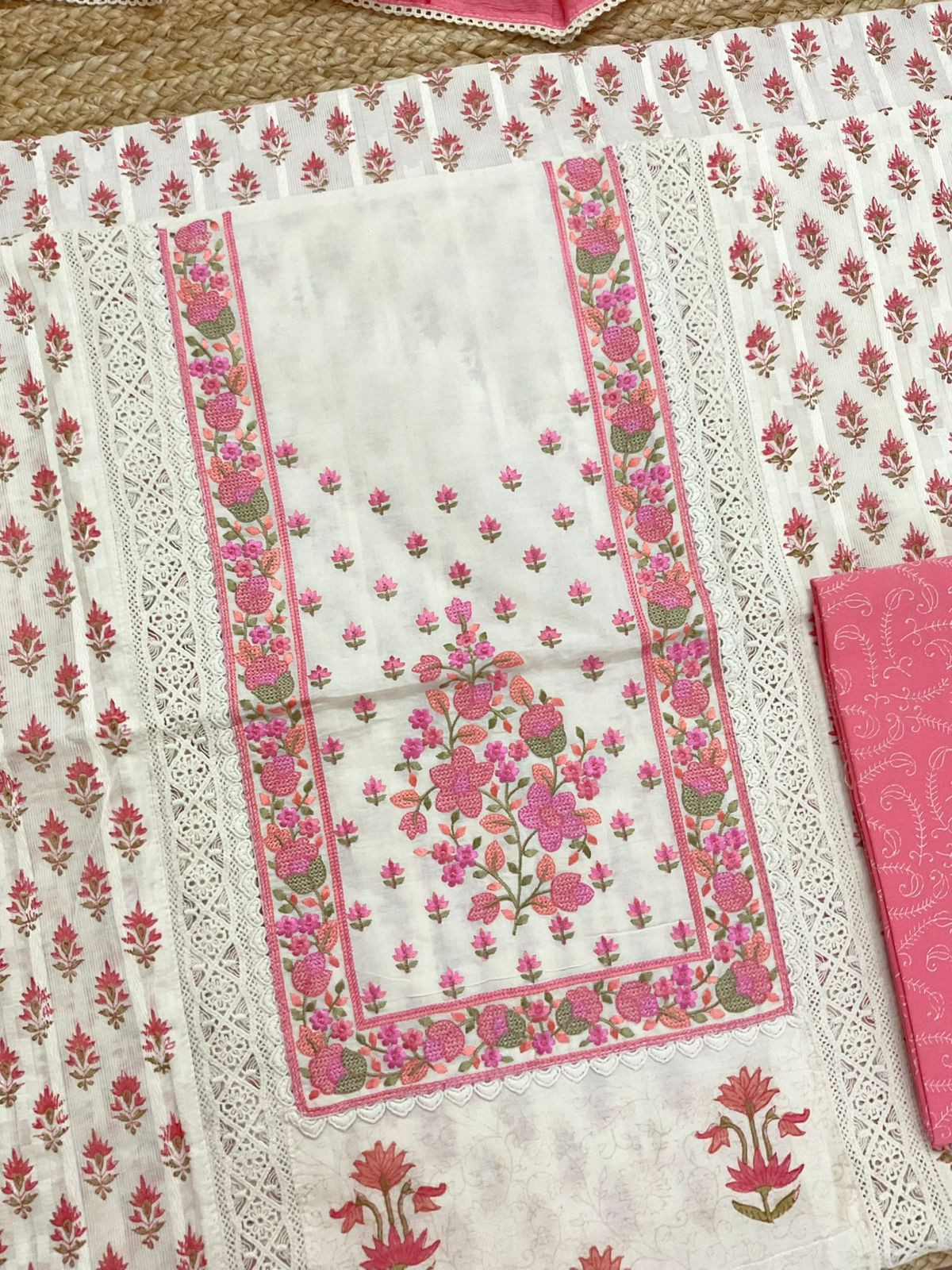 Pure Cotton Printed Embroidered Self Weaved Suit - Off White