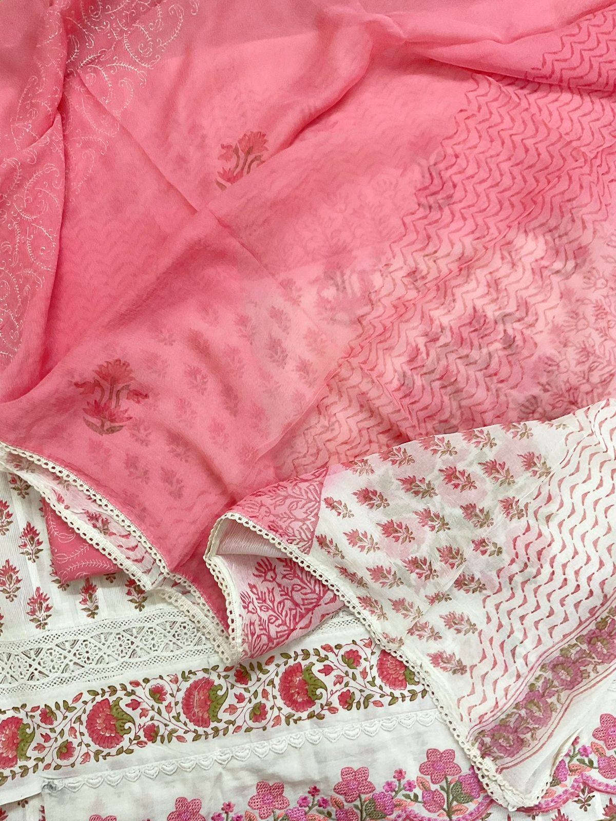 Pure Cotton Printed Embroidered Self Weaved Suit - Off White