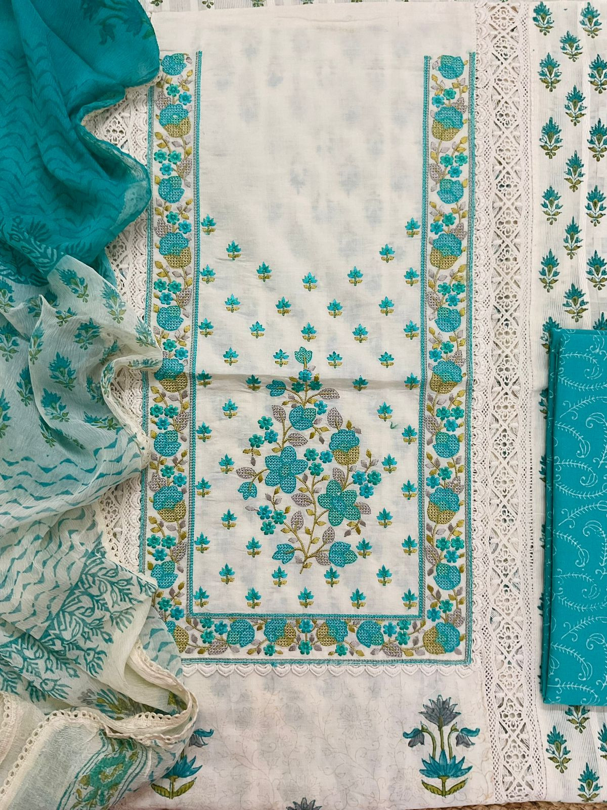 Pure Cotton Printed Embroidered Self Weaved Suit - Off White