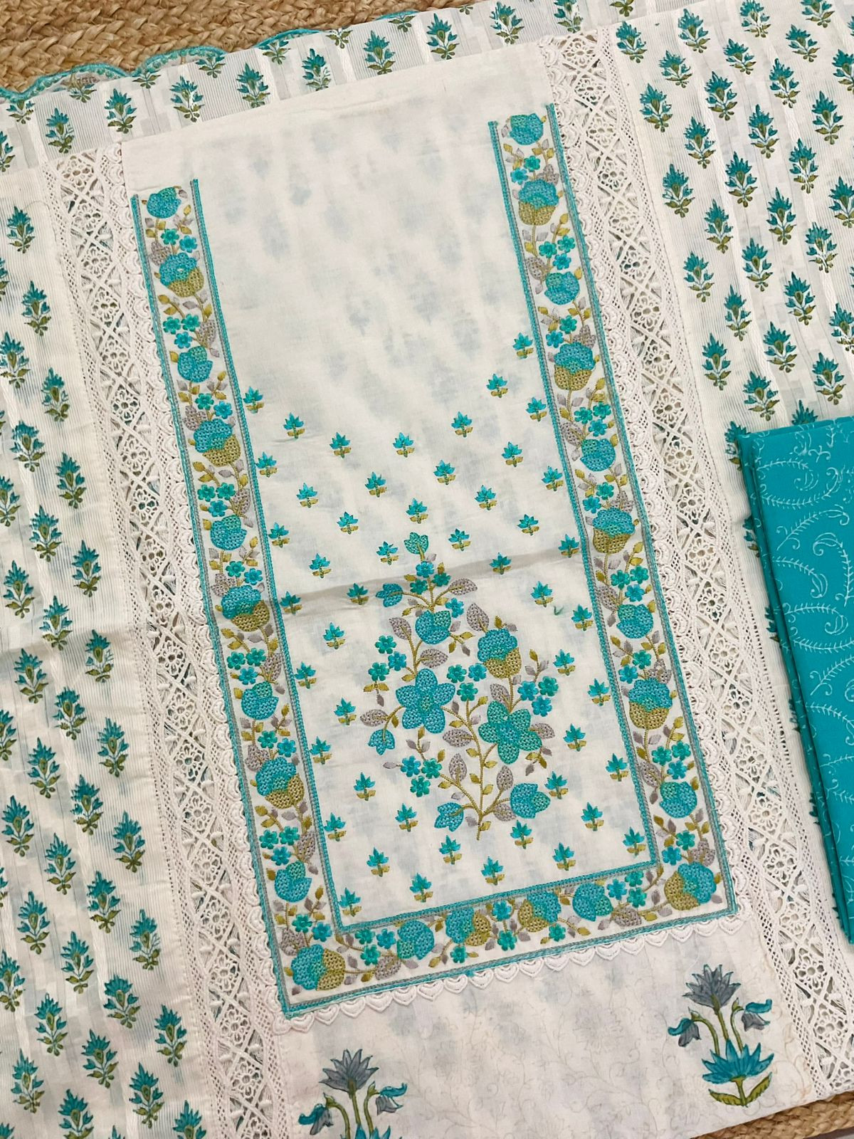 Pure Cotton Printed Embroidered Self Weaved Suit - Off White