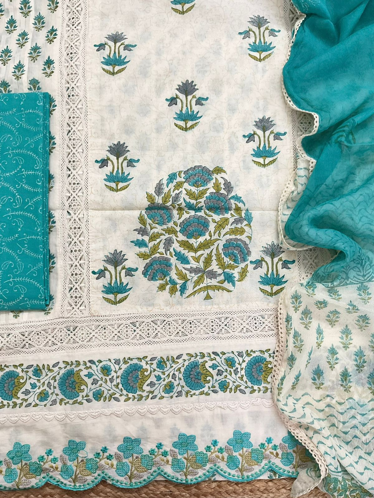 Pure Cotton Printed Embroidered Self Weaved Suit - Off White