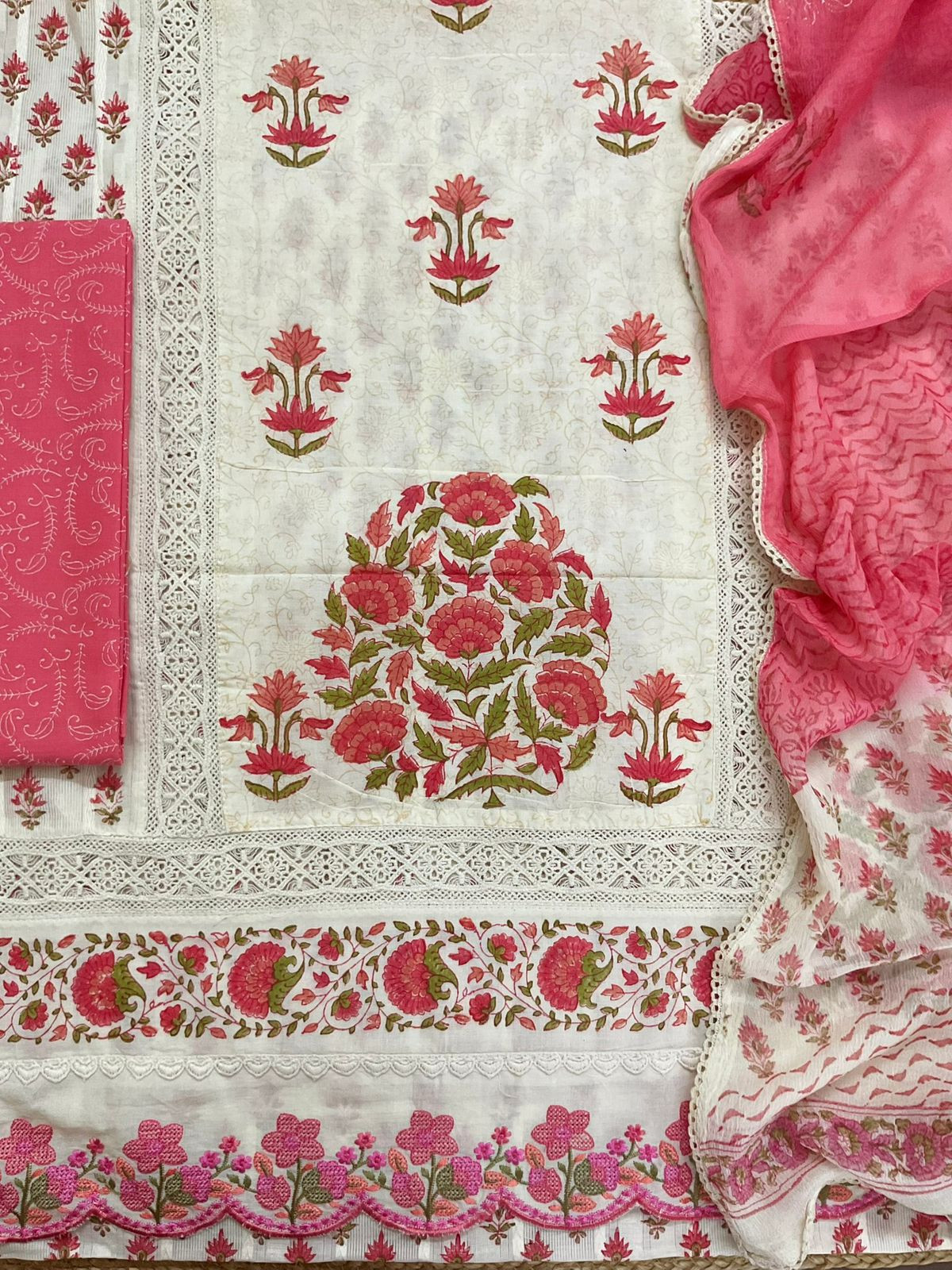 Pure Cotton Printed Embroidered Self Weaved Suit - Off White