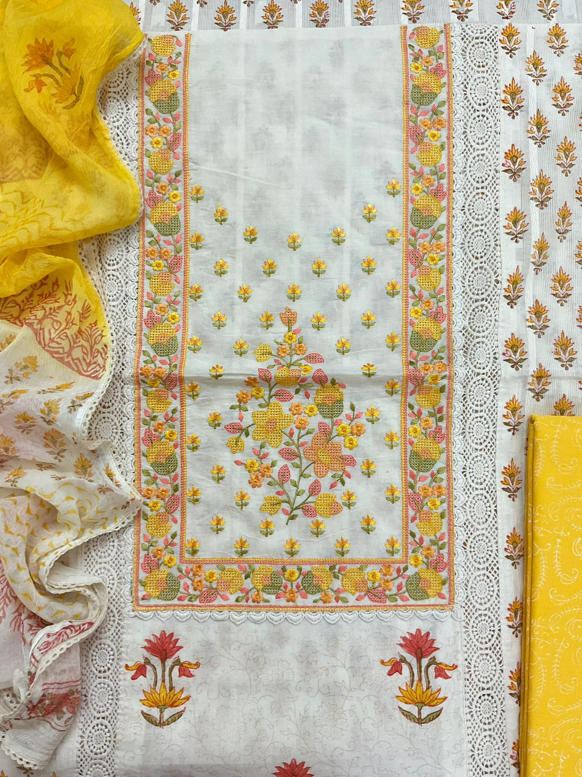 Pure Cotton Printed Embroidered Self Weaved Suit - Off White