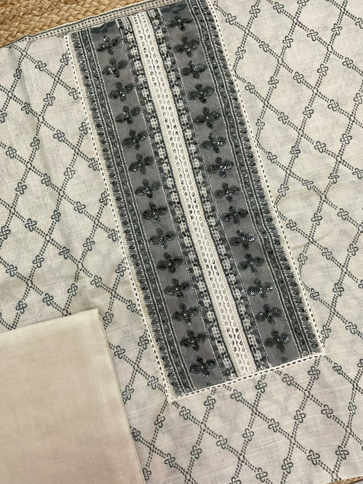 Soft Tissue Slub Cotton Printed Embroidered Suit - Beige