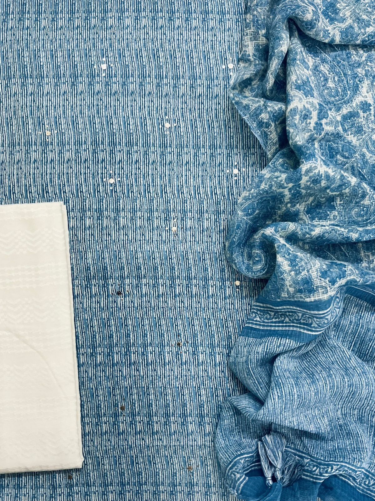 Pure Fine Cotton Printed Embroidered Suit - Blue