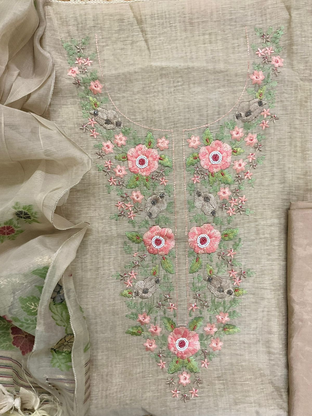 Soft Slub Chanderi Jamdani Weaved Embroidered Suit - Beige