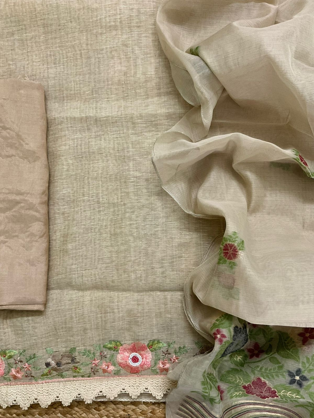 Soft Slub Chanderi Jamdani Weaved Embroidered Suit - Beige
