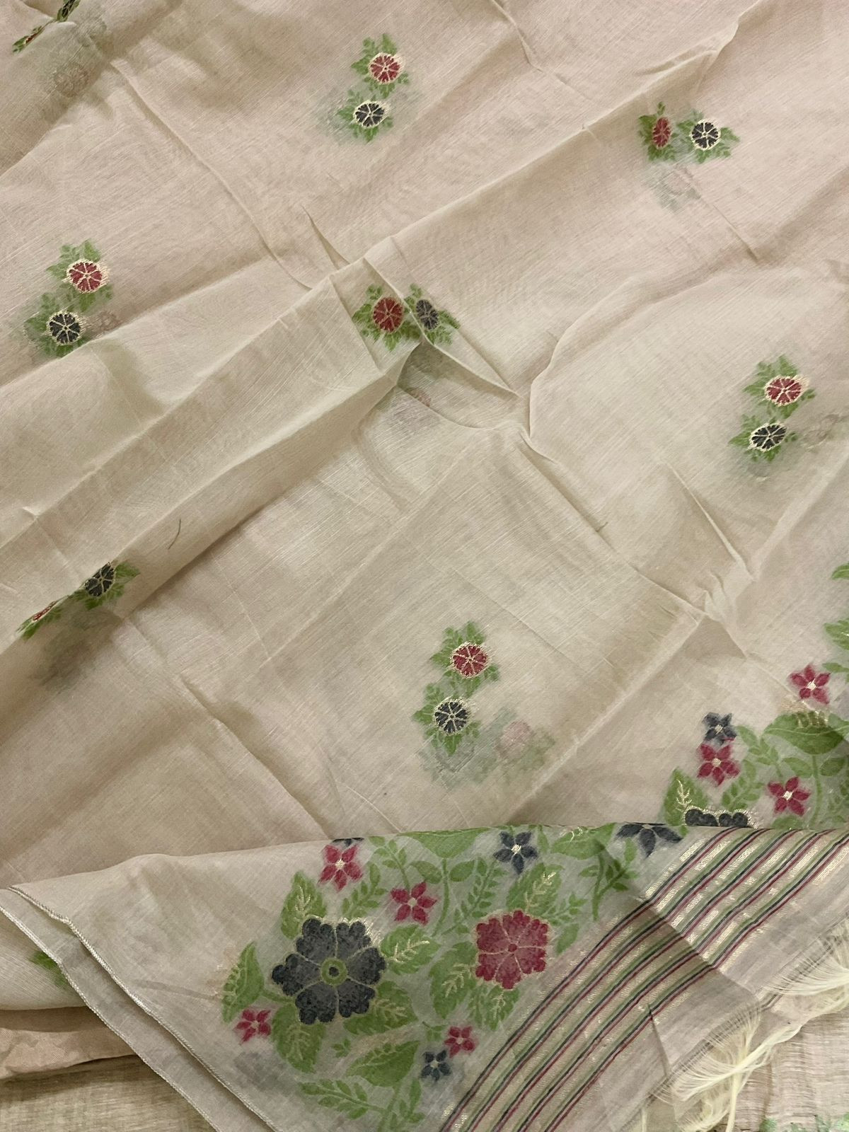 Soft Slub Chanderi Jamdani Weaved Embroidered Suit - Beige