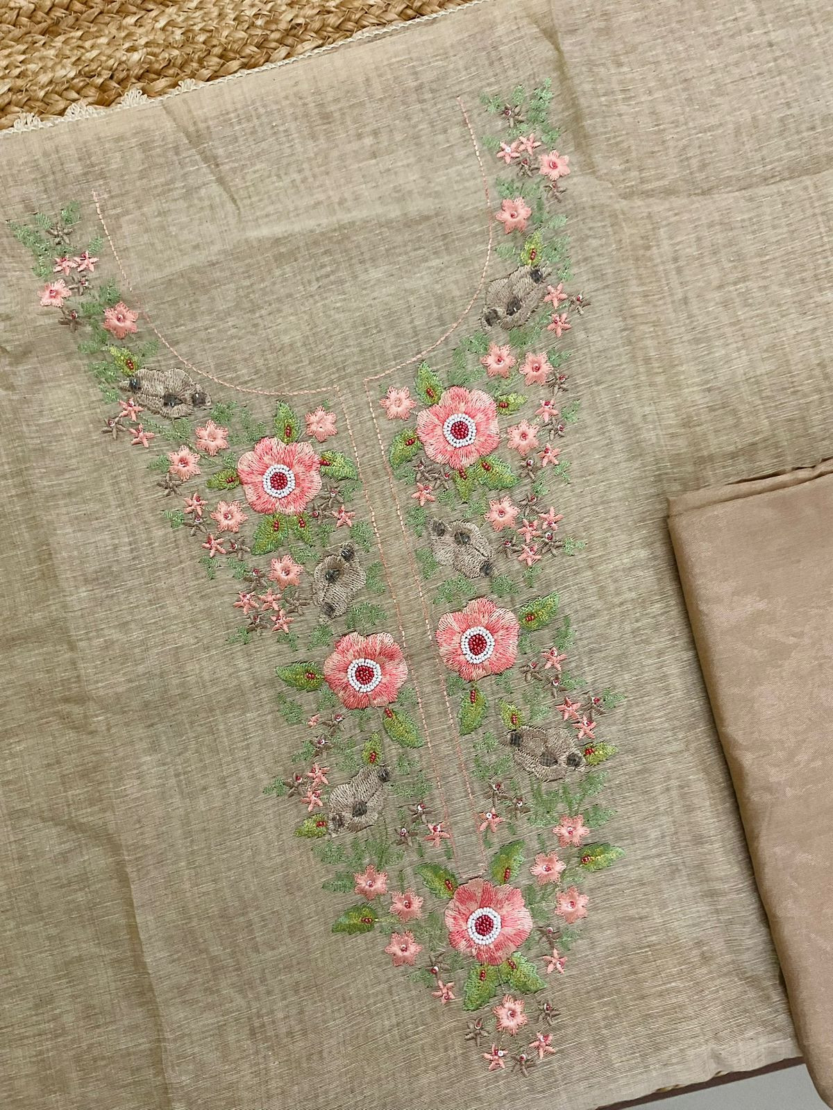 Soft Slub Chanderi Jamdani Weaved Embroidered Suit - Beige