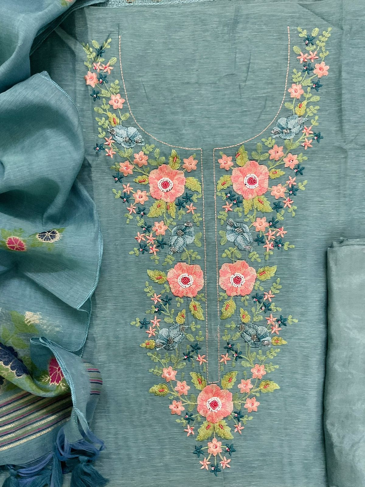 Soft Slub Chanderi Jamdani Weaved Embroidered Suit - Blue