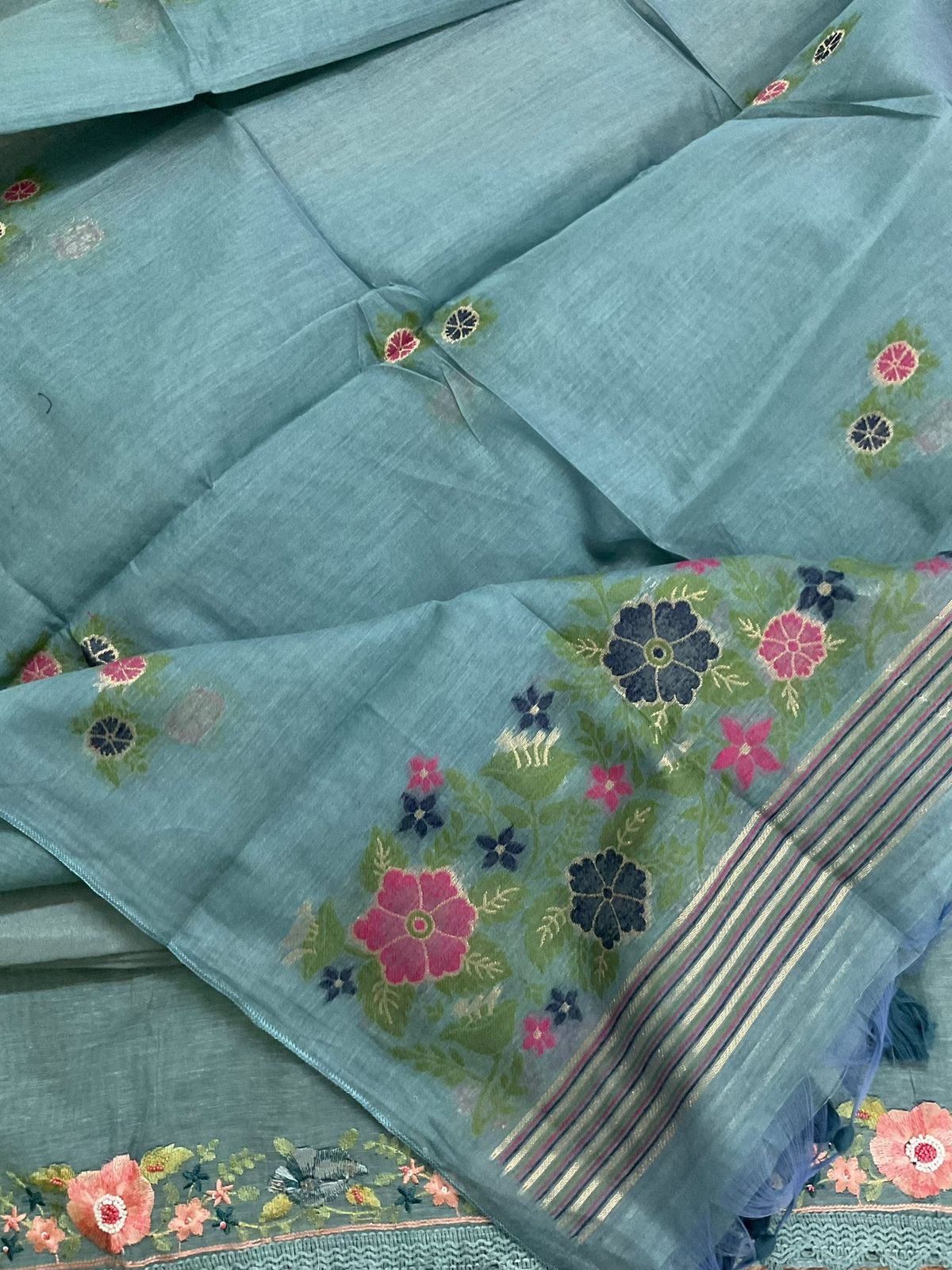 Soft Slub Chanderi Jamdani Weaved Embroidered Suit - Blue