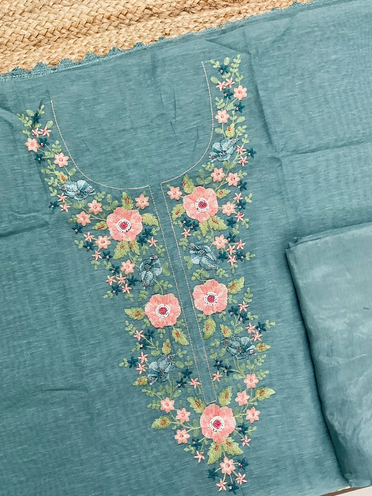 Soft Slub Chanderi Jamdani Weaved Embroidered Suit - Blue