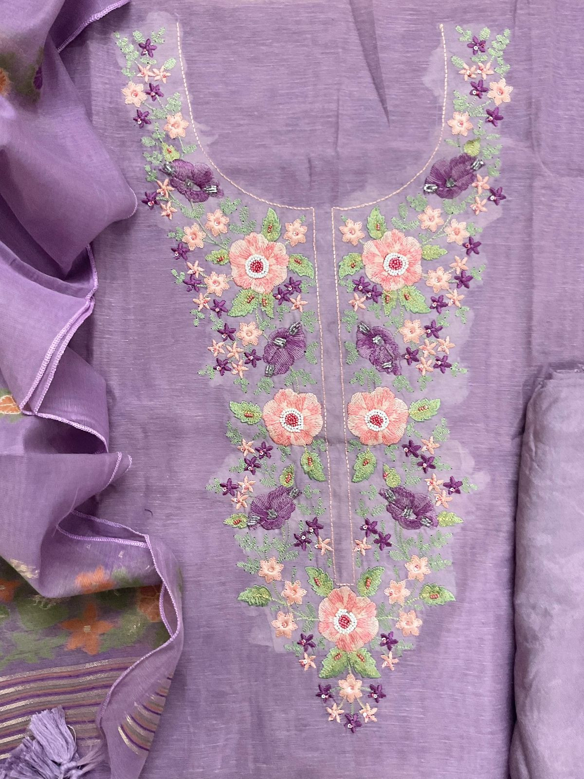 Soft Slub Chanderi Jamdani Weaved Embroidered Suit - Purple