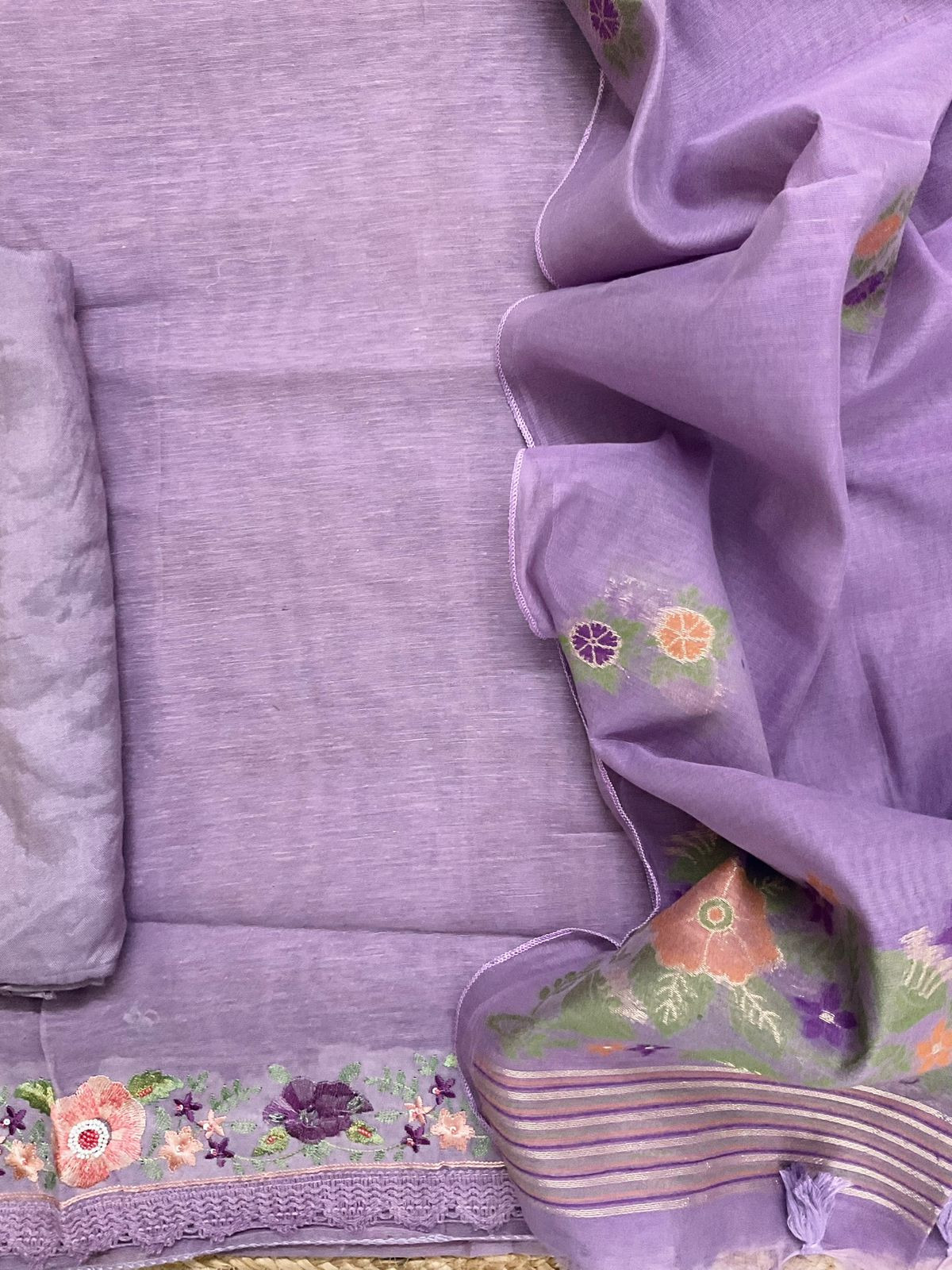 Soft Slub Chanderi Jamdani Weaved Embroidered Suit - Purple