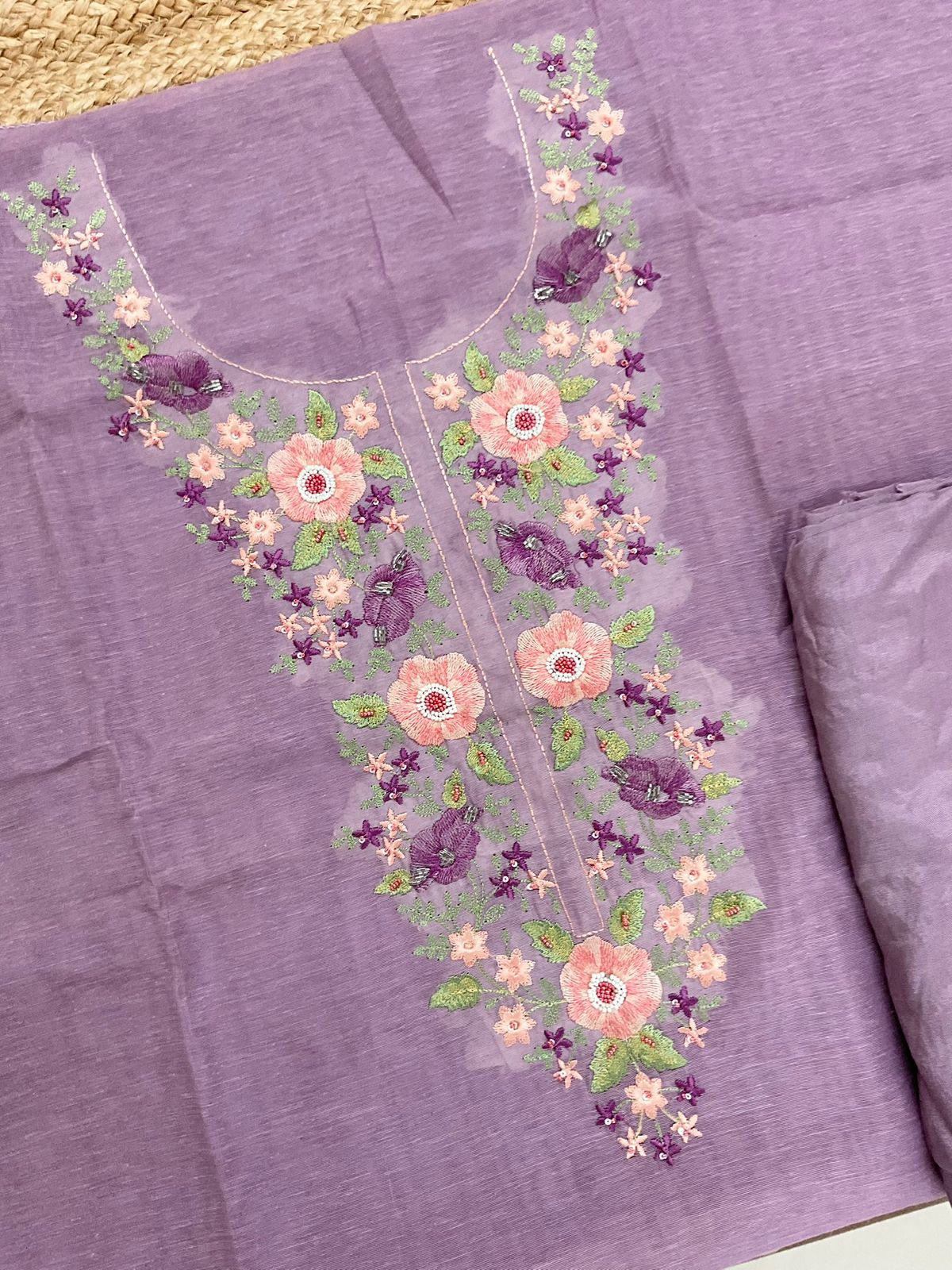 Soft Slub Chanderi Jamdani Weaved Embroidered Suit - Purple