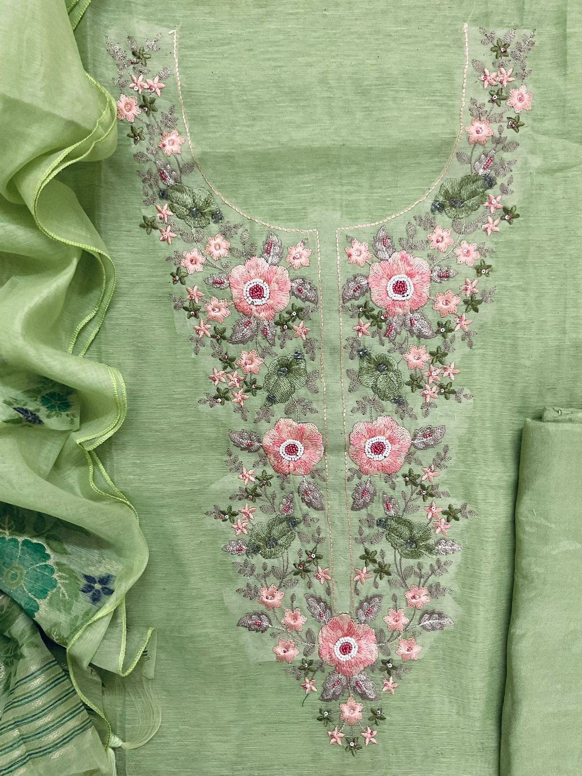 Soft Slub Chanderi Jamdani Weaved Embroidered Suit - Green