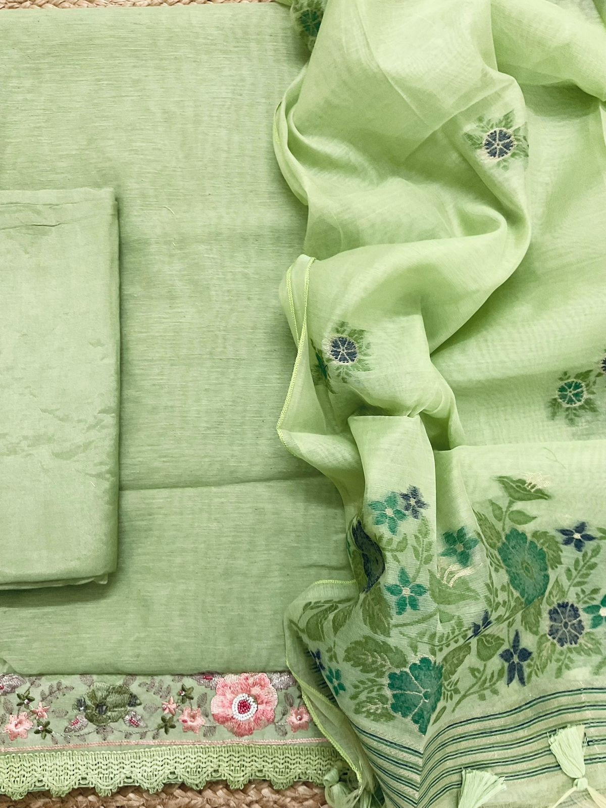 Soft Slub Chanderi Jamdani Weaved Embroidered Suit - Green