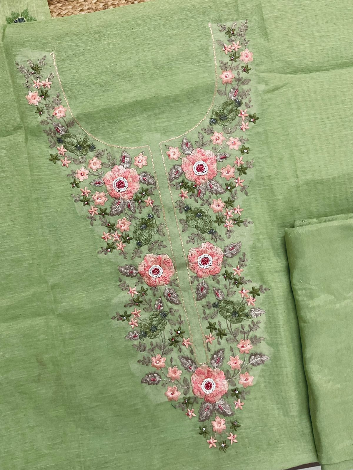 Soft Slub Chanderi Jamdani Weaved Embroidered Suit - Green