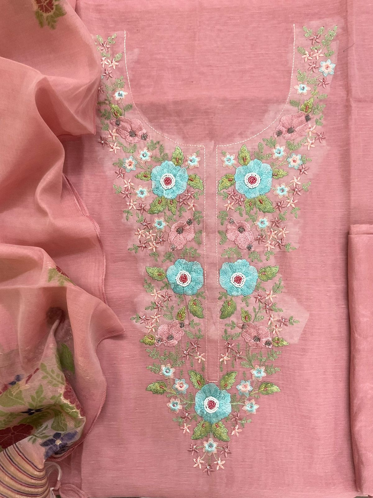 Soft Slub Chanderi Jamdani Weaved Embroidered Suit - Peach