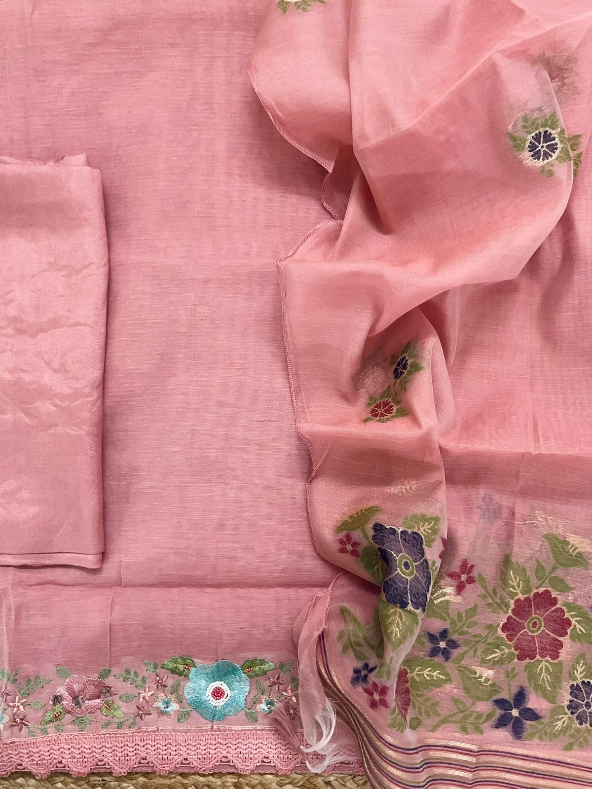 Soft Slub Chanderi Jamdani Weaved Embroidered Suit - Peach