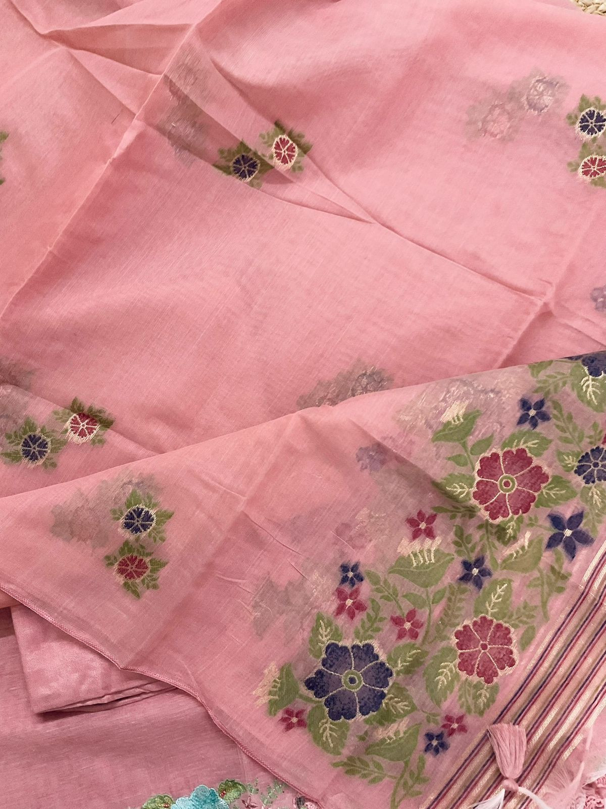 Soft Slub Chanderi Jamdani Weaved Embroidered Suit - Peach