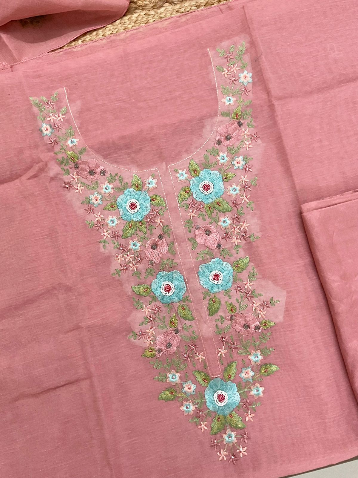 Soft Slub Chanderi Jamdani Weaved Embroidered Suit - Peach