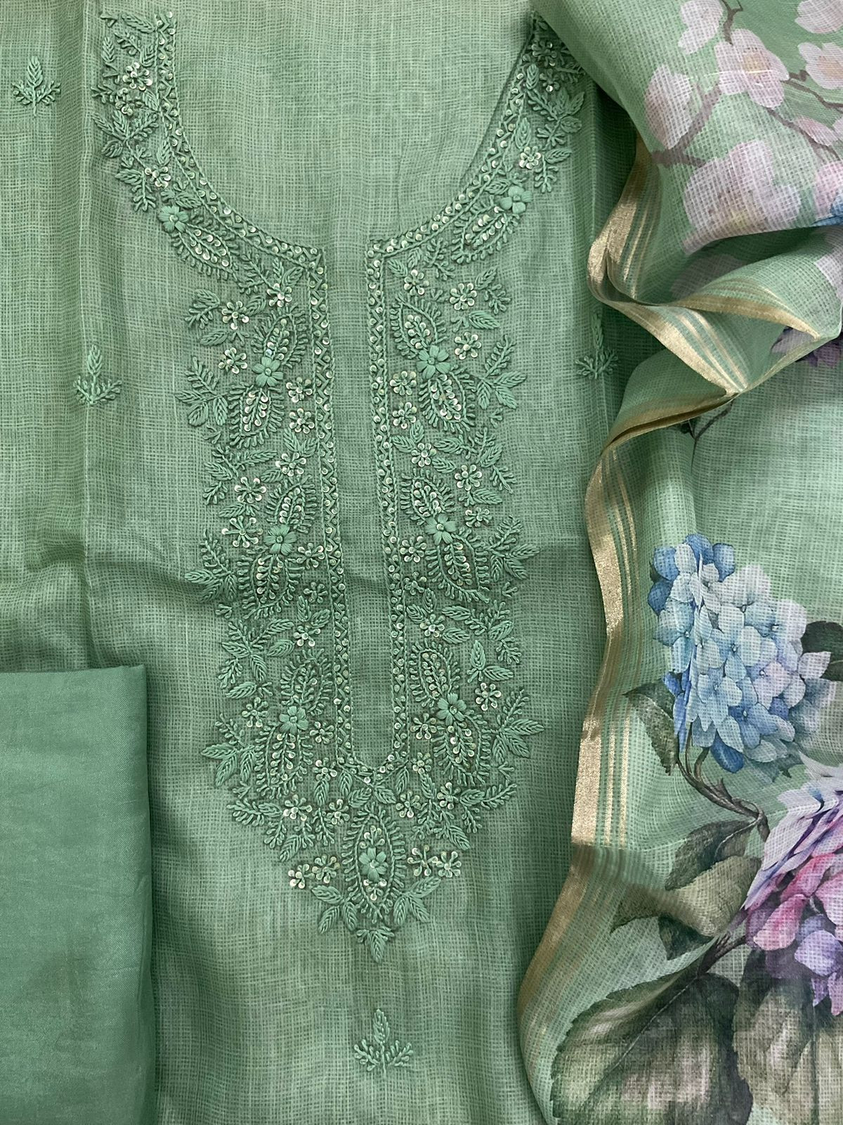 Soft Kota Silk Printed Embroidered Suit - Green