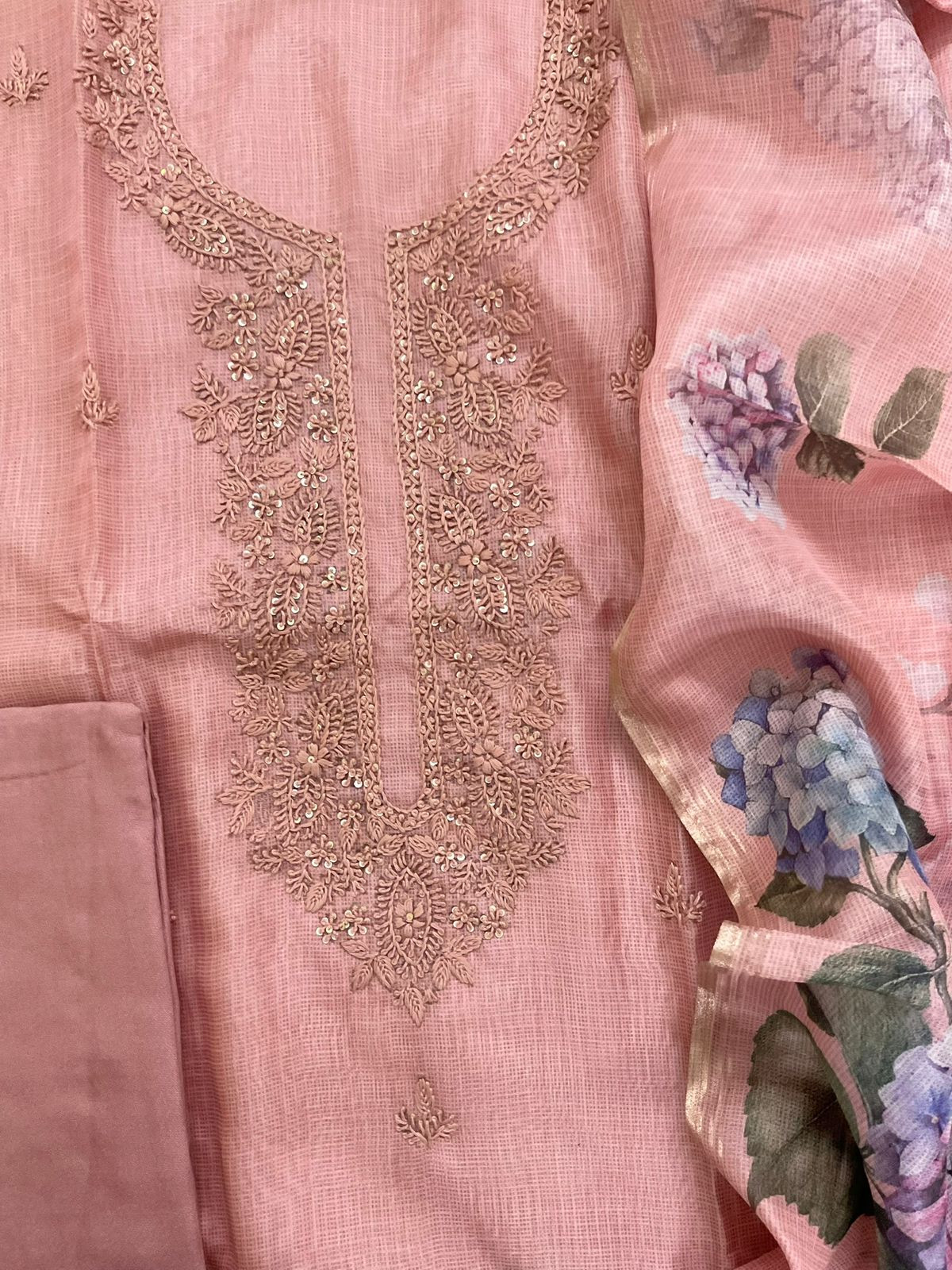 Soft Kota Silk Printed Embroidered Suit - Pink