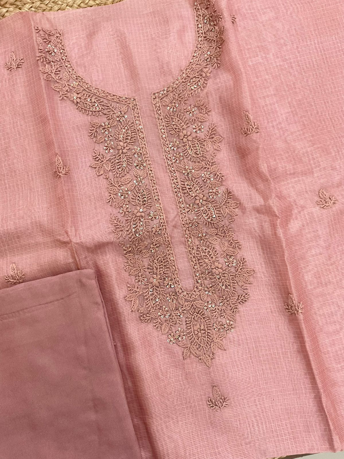 Soft Kota Silk Printed Embroidered Suit - Pink