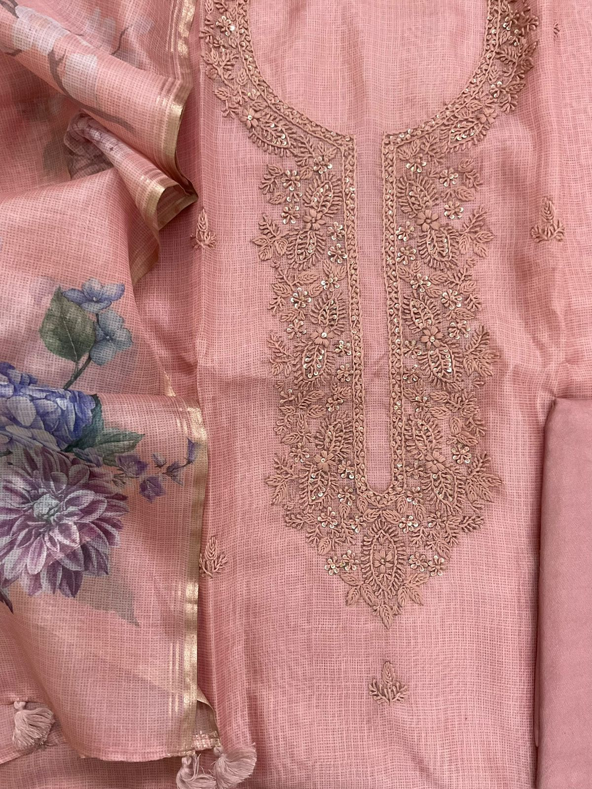Soft Kota Silk Printed Embroidered Suit - Pink