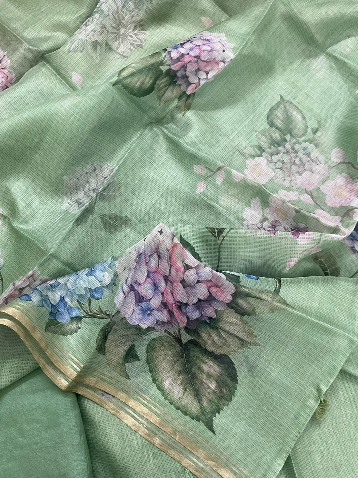 Soft Kota Silk Printed Embroidered Suit - Green