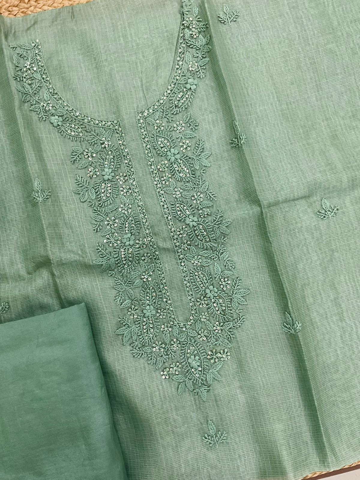 Soft Kota Silk Printed Embroidered Suit - Green