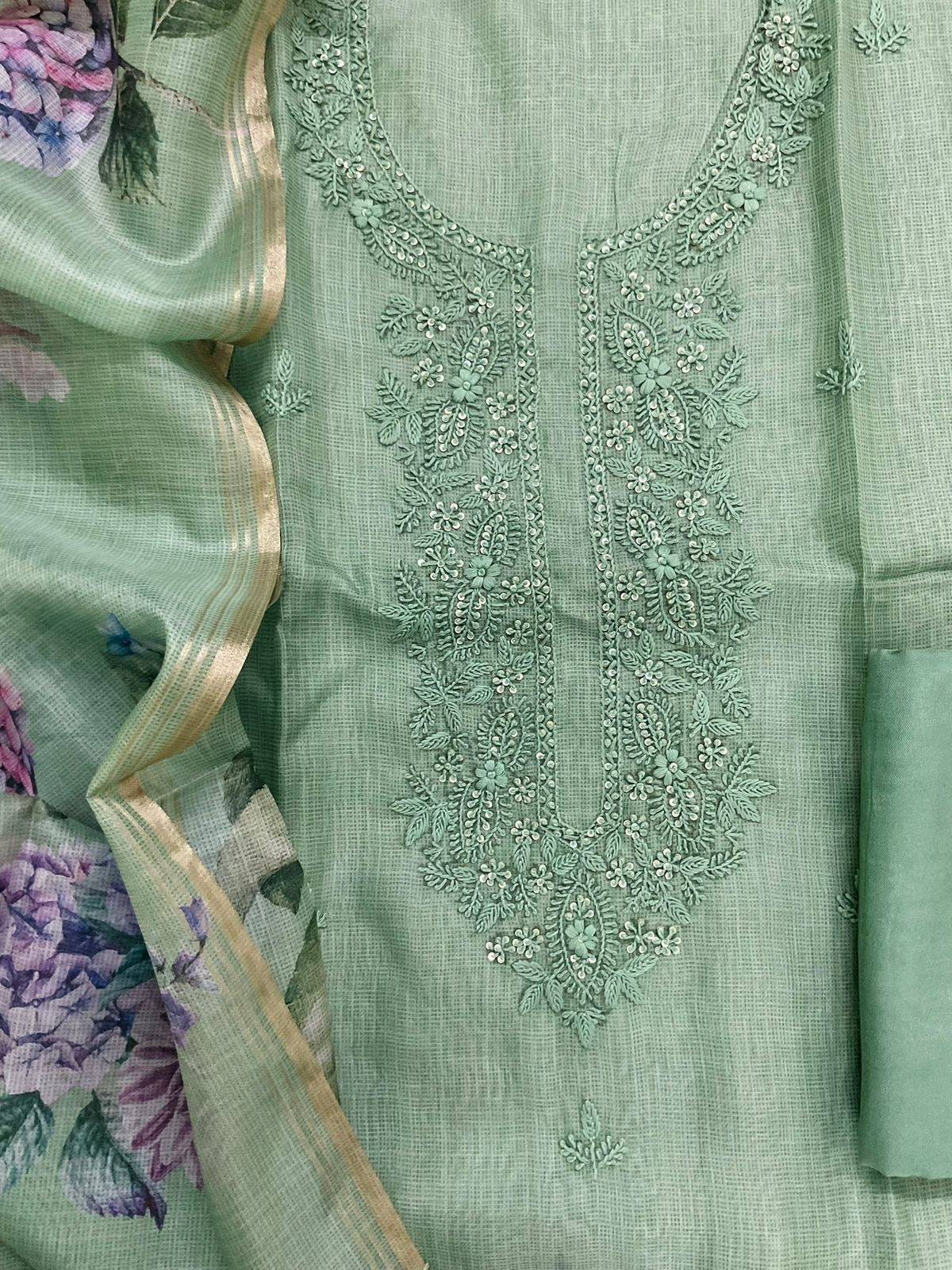 Soft Kota Silk Printed Embroidered Suit - Green