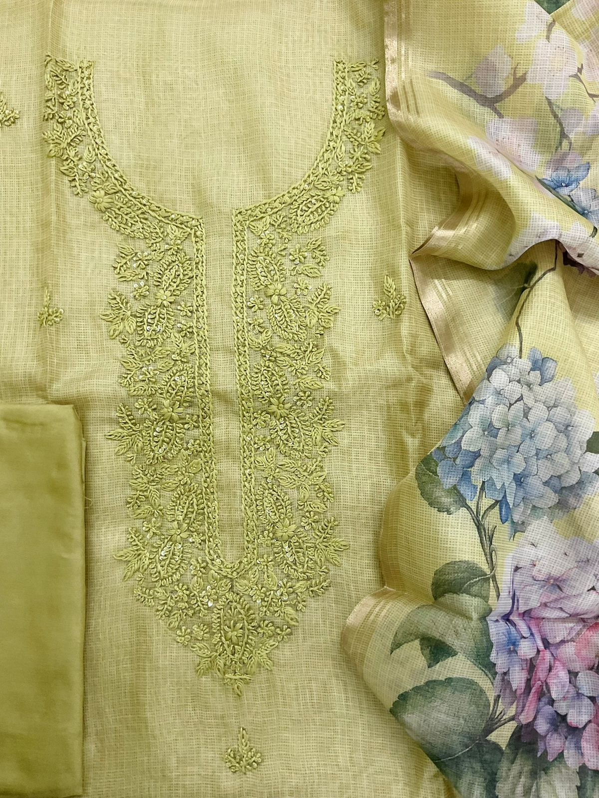 Soft Kota Silk Printed Embroidered Suit - Greenish Yellow
