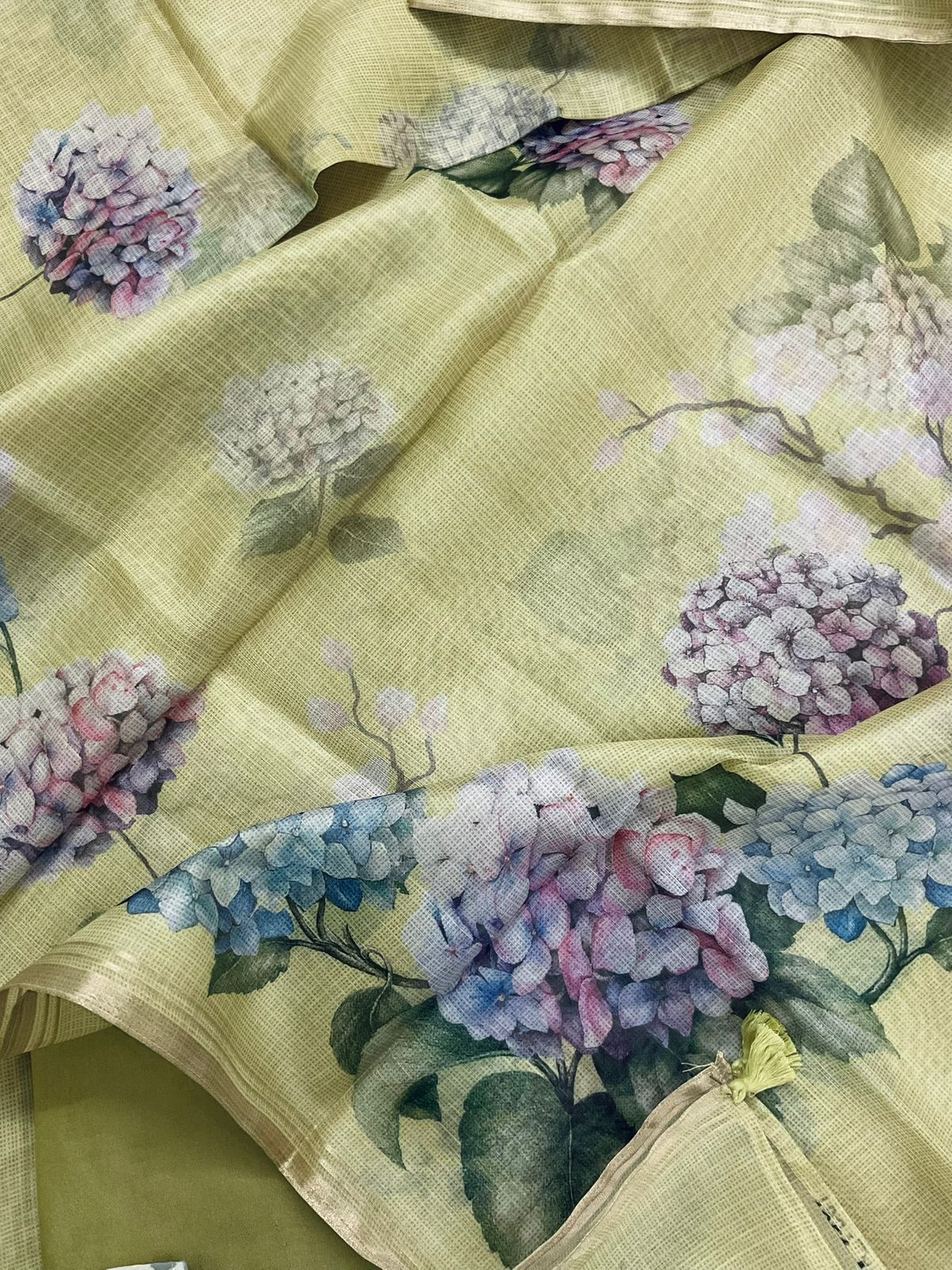 Soft Kota Silk Printed Embroidered Suit - Greenish Yellow