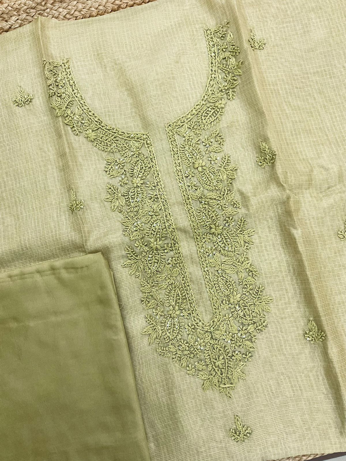 Soft Kota Silk Printed Embroidered Suit - Greenish Yellow
