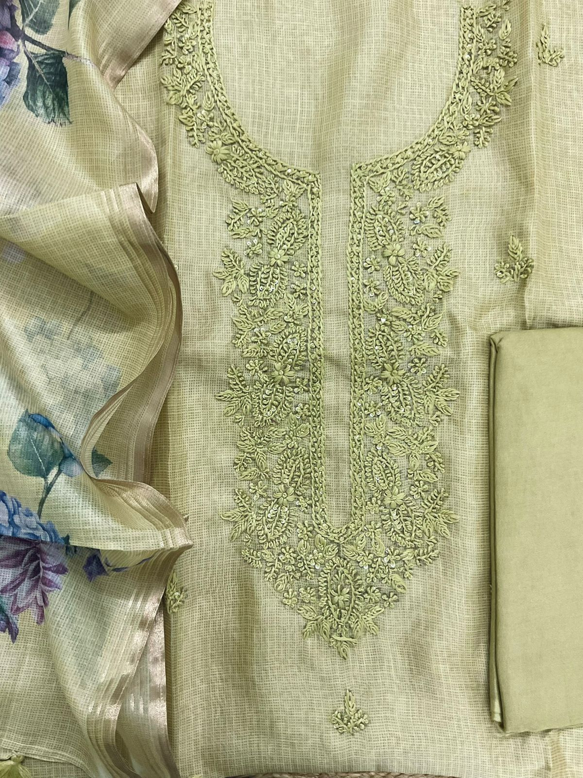 Soft Kota Silk Printed Embroidered Suit - Greenish Yellow