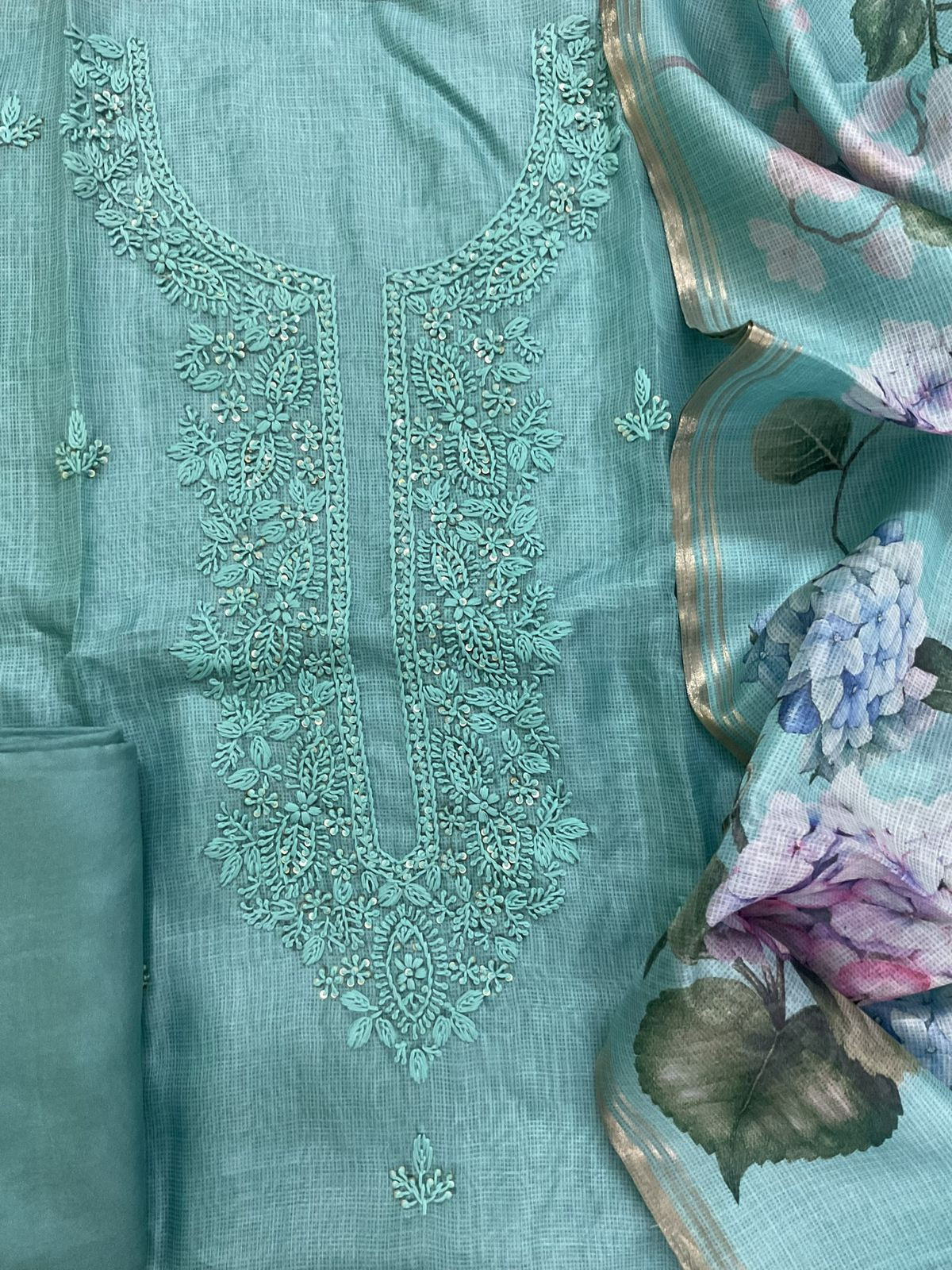 Soft Kota Silk Printed Embroidered Suit - Blue