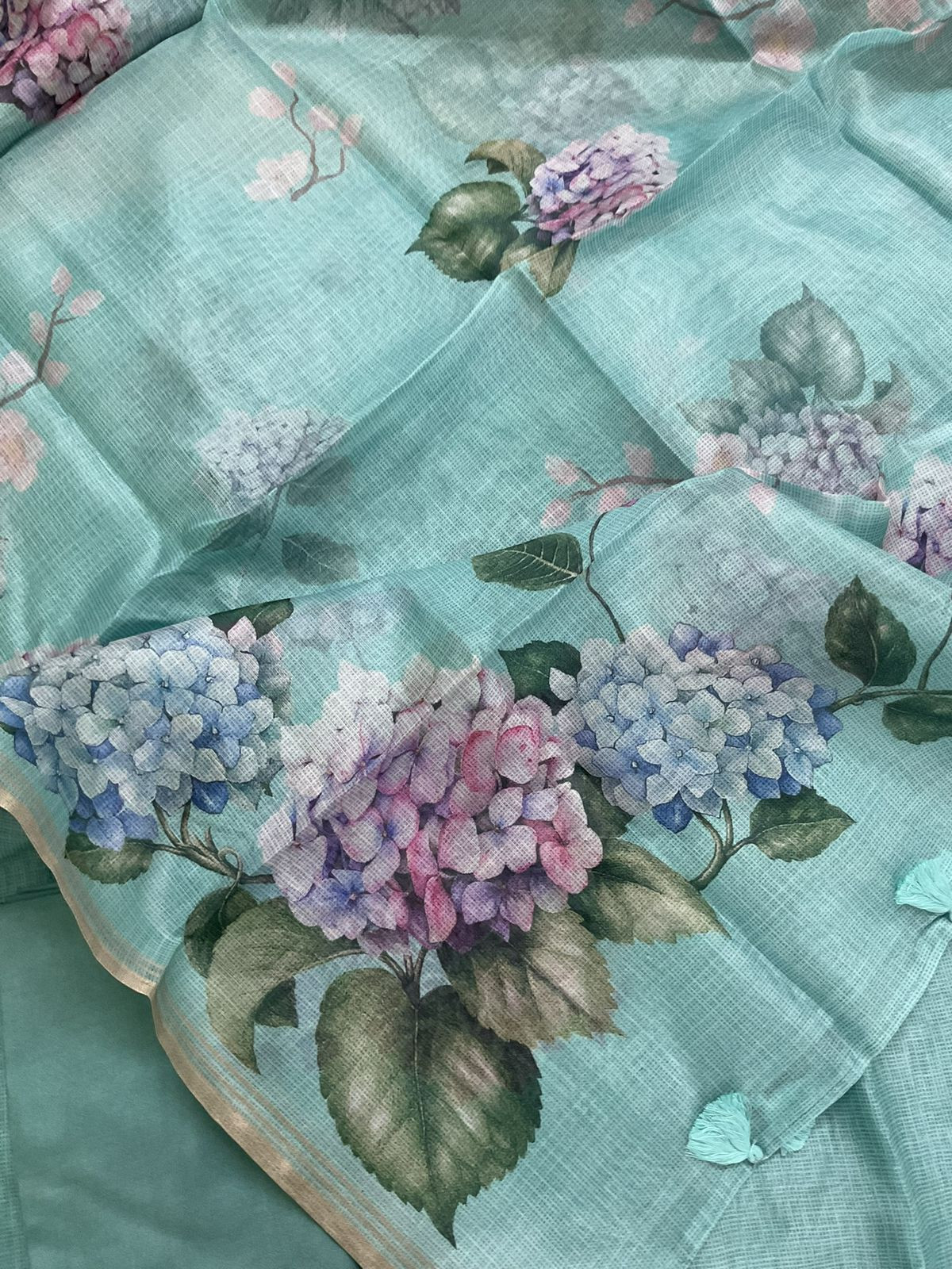 Soft Kota Silk Printed Embroidered Suit - Blue