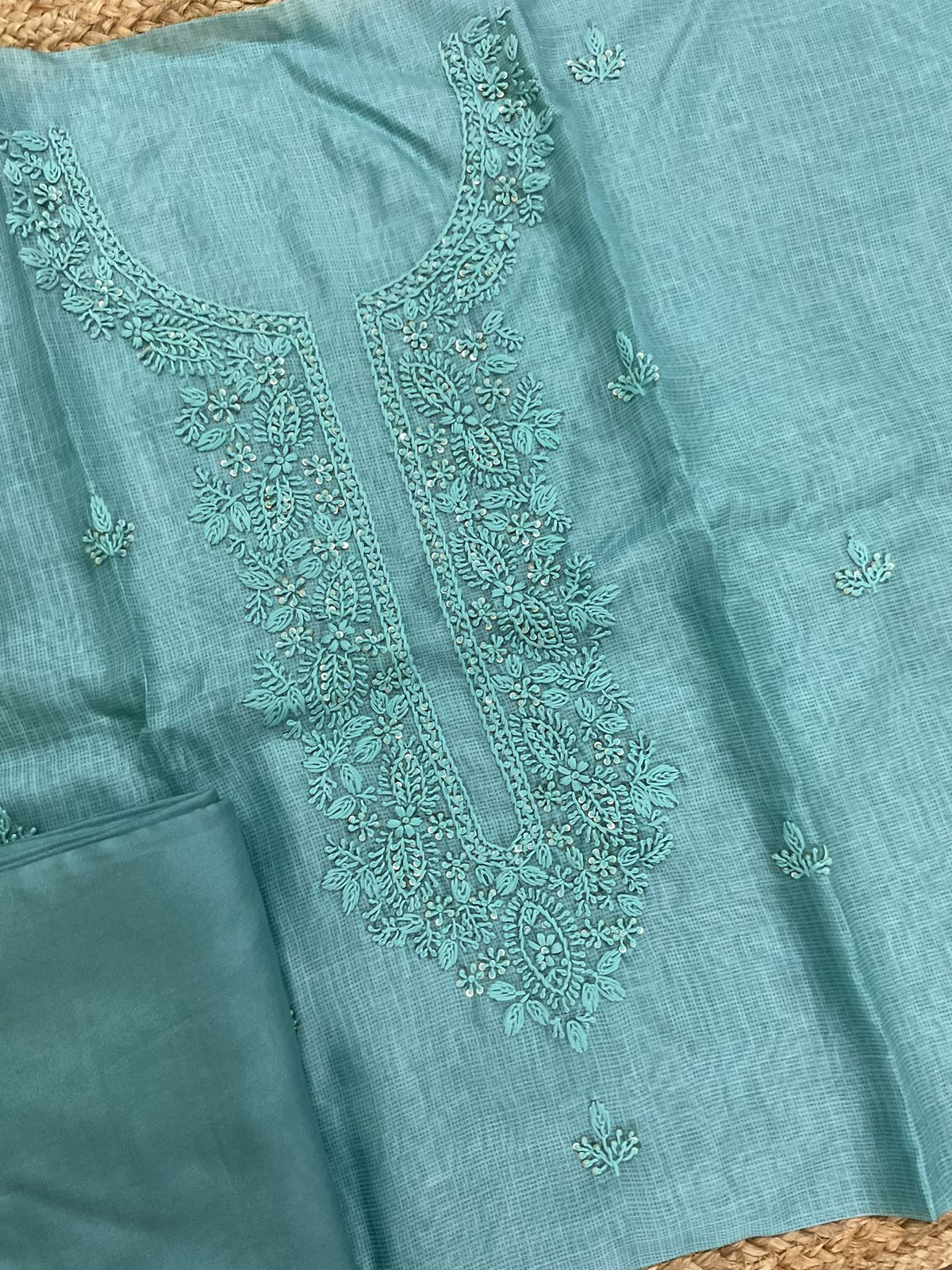 Soft Kota Silk Printed Embroidered Suit - Blue